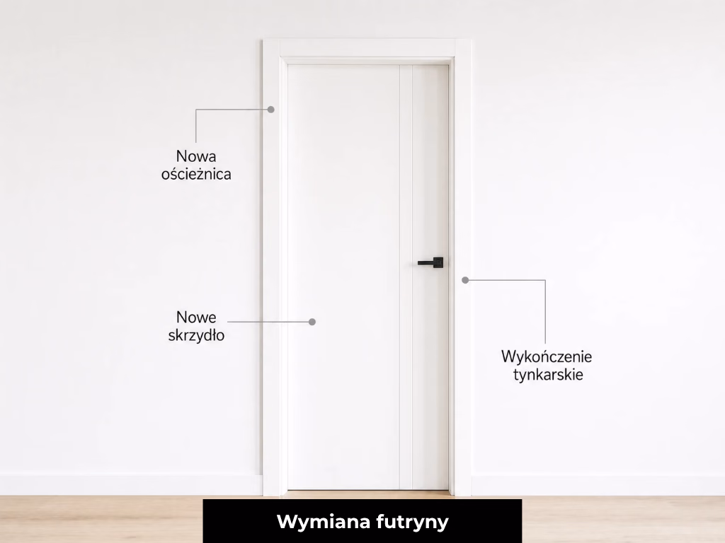 Wymiana futryny: nowa biała futryna i nowe drzwi, pełen reset, Furta